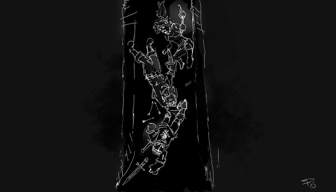 3 adventurers falling through a trap door in a dungeon