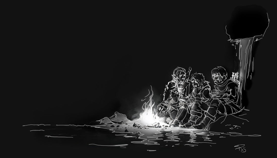 Three adventurers have recovered from a fall, now enjoy a meal by the fire