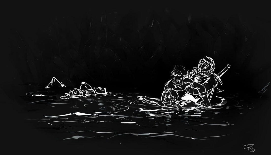 Three adventurers in an underground river. Two are drowning, one drags them both to shore.