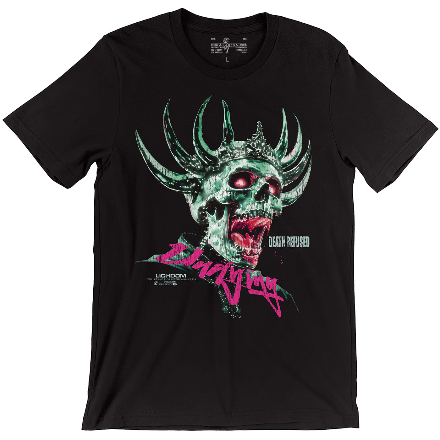 Chromed out crowned lich screaming pink fire D&D wizard t-shirt