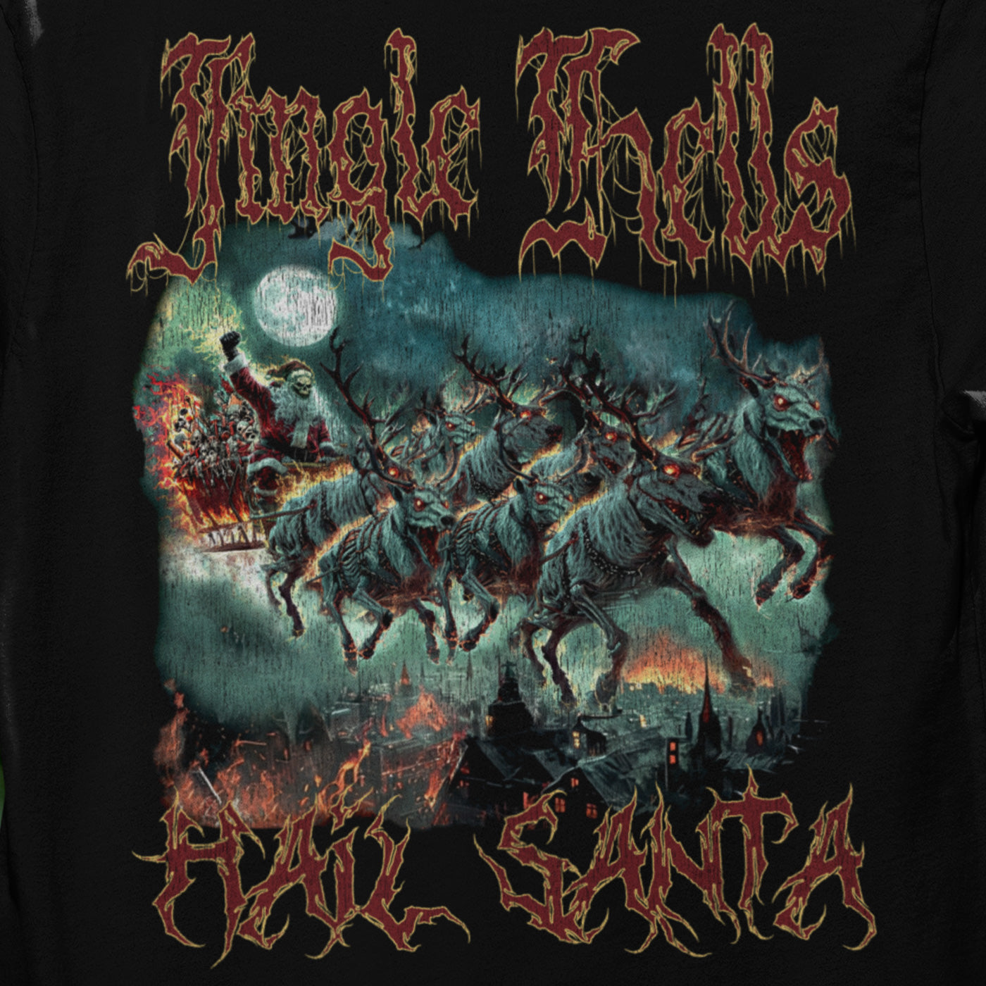 Jingle Hells - Hail Santa Black Unisex T-shirt art, Death Metal Christmas Shirt art