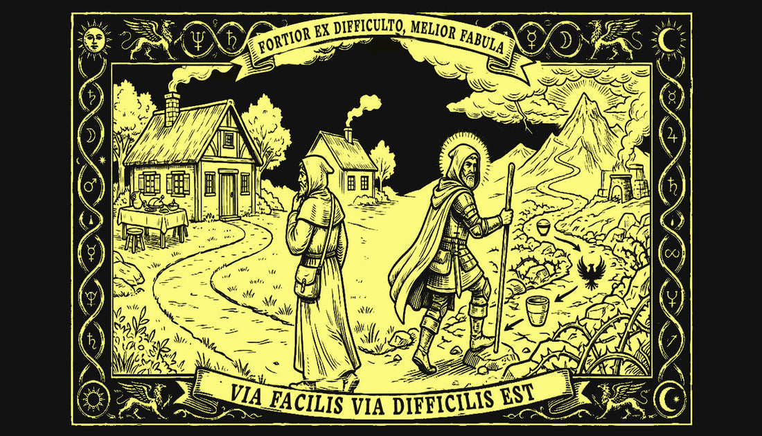 Medieval woodblock illustration style depicting an adventurer choosing the cooler story