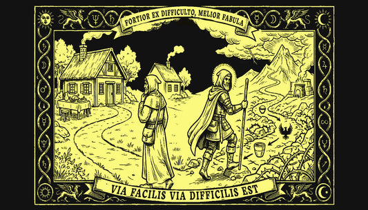 Medieval woodblock illustration style depicting an adventurer choosing the cooler story