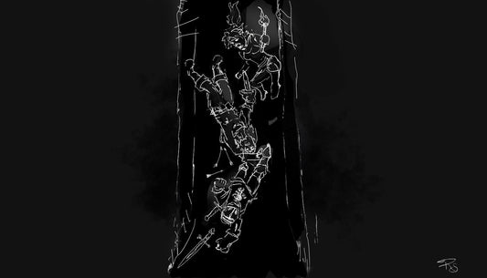 3 adventurers falling through a trap door in a dungeon