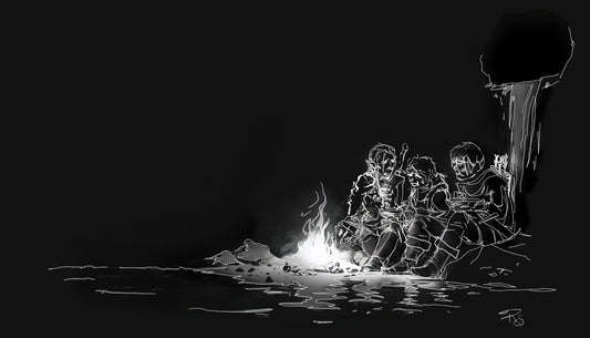 Three adventurers have recovered from a fall, now enjoy a meal by the fire