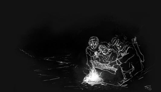 Three adventurers check their map while lost by an underground river