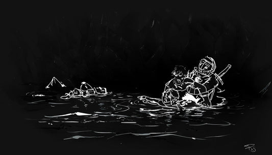 Three adventurers in an underground river. Two are drowning, one drags them both to shore.