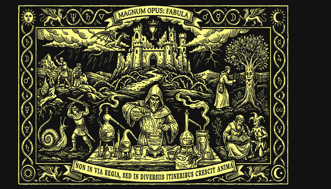 The myth of the main quest Medieval Alchemy Woodblock illustration