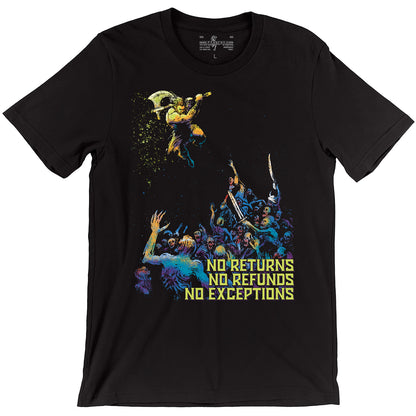 Barbarian with golden axe fighting undead D&D t-shirt