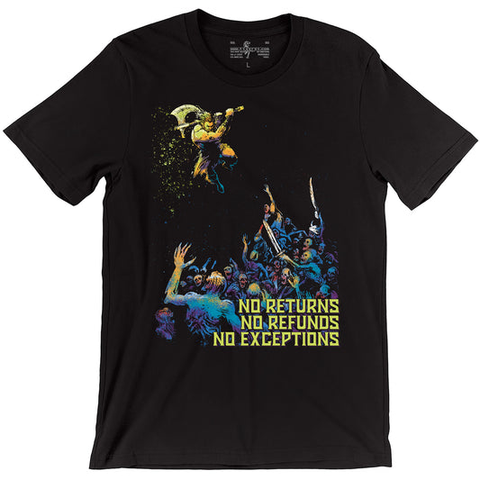 Barbarian with golden axe fighting undead D&D t-shirt
