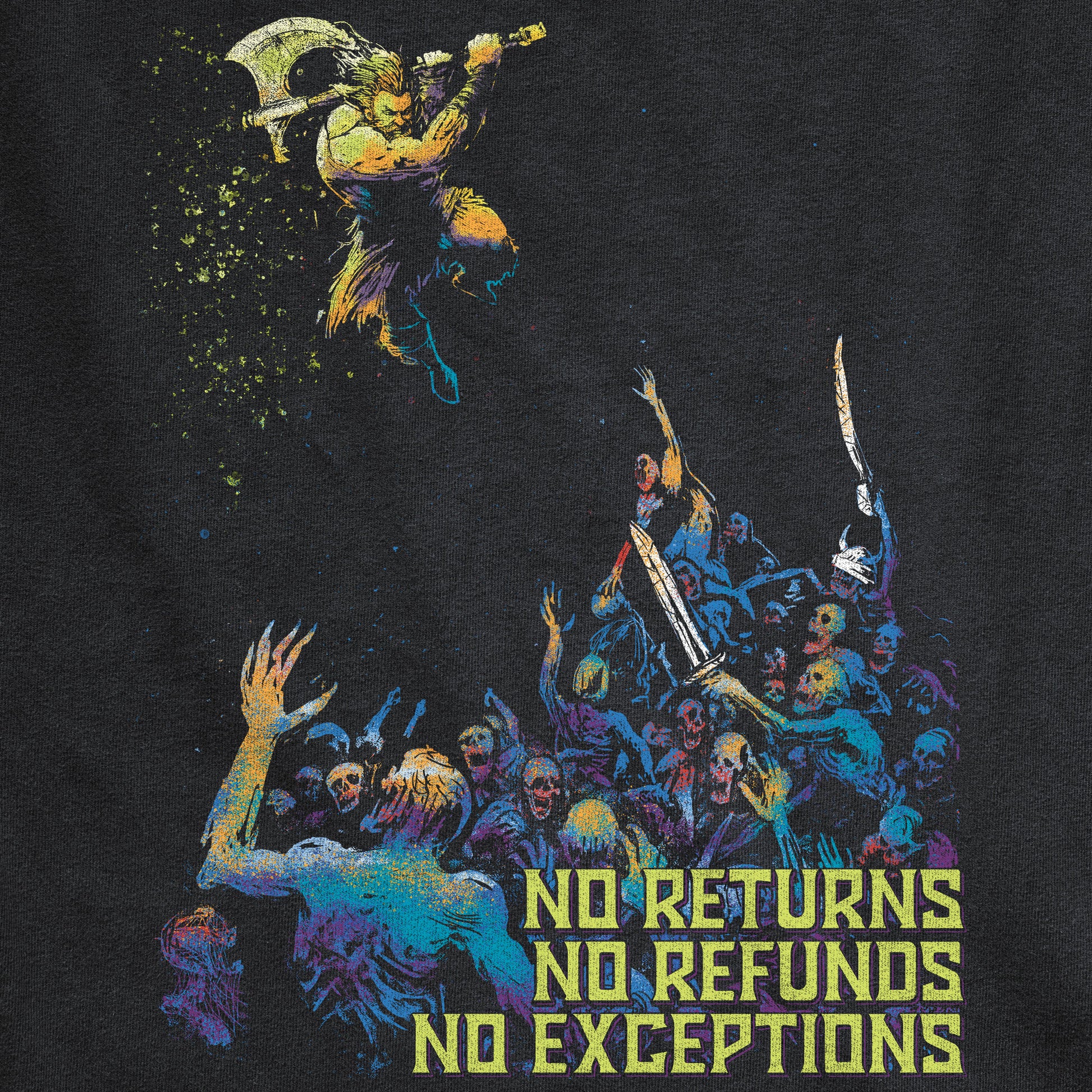 Barbarian with golden axe fighting undead DnD Black t-shirt