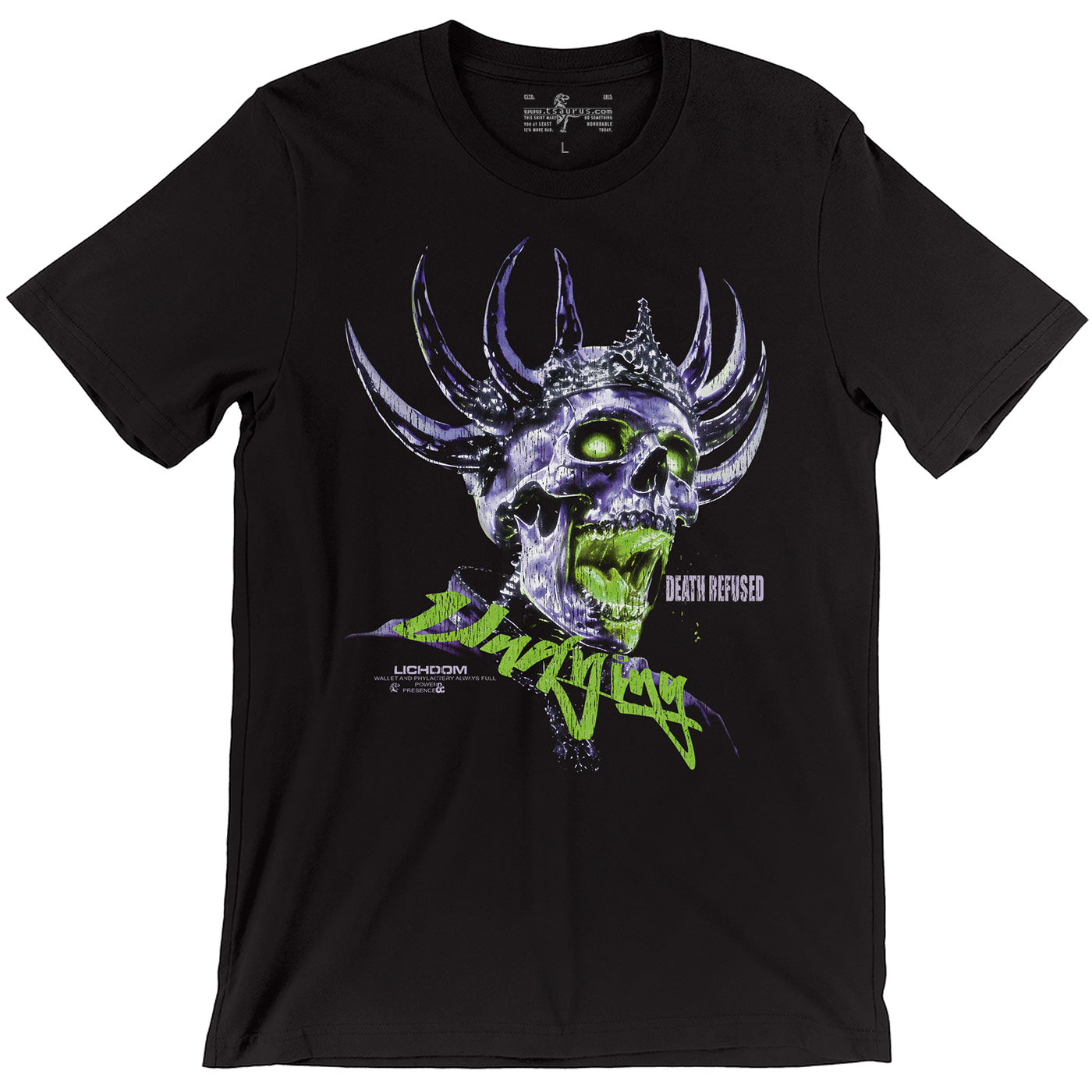 Chromed out crowned lich screaming green hellfire D&D wizard t-shirt
