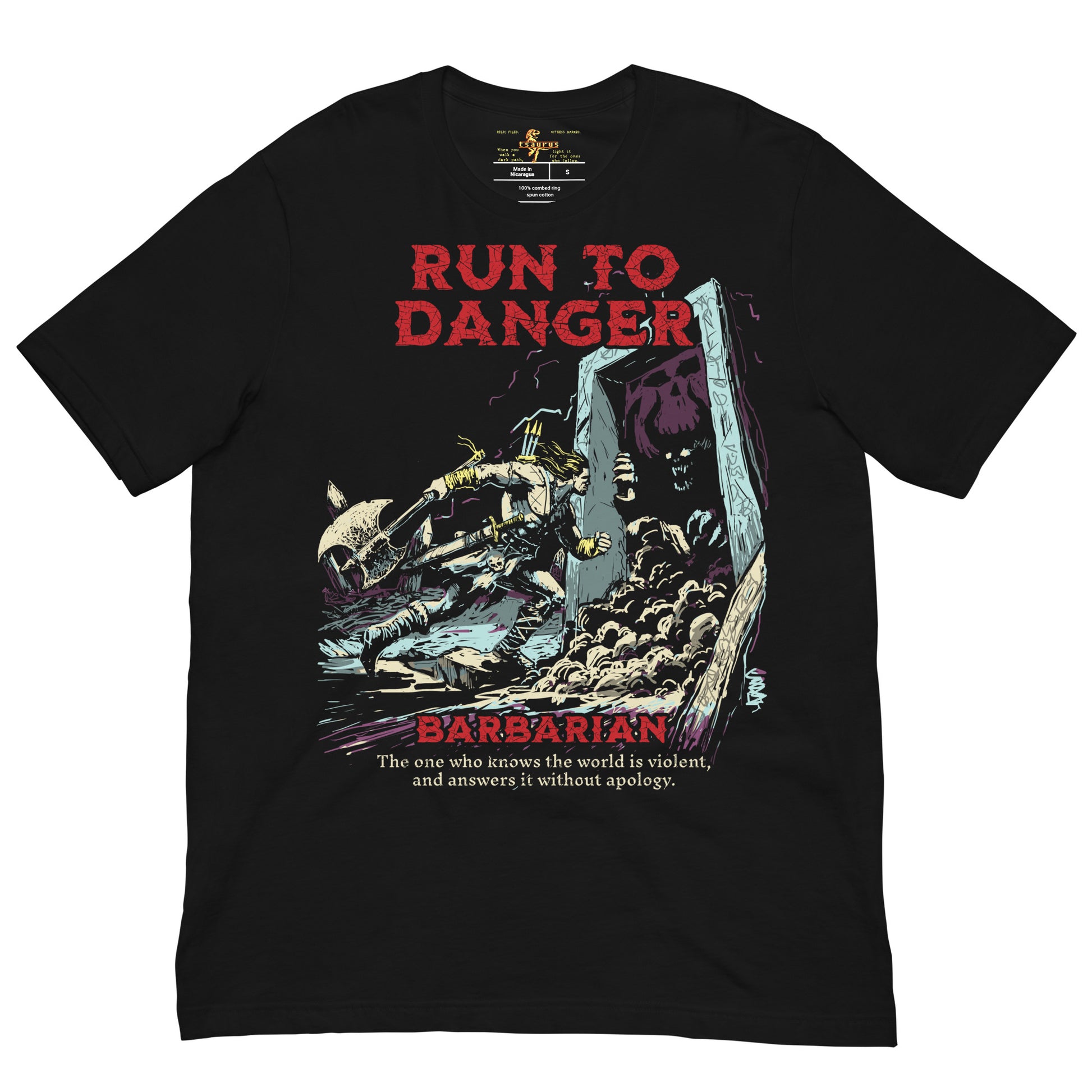 D&D Barbarian Hand Drawn Vintage Style T-shirt Run to Danger