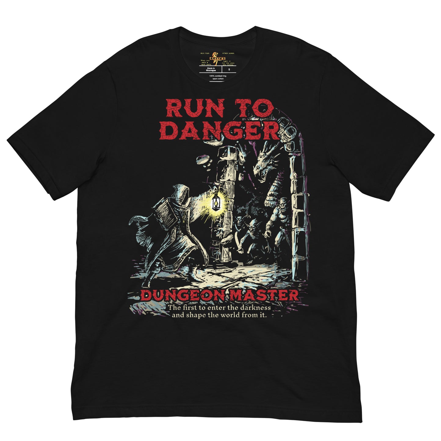 D&D Dungeon Master Hand Drawn Black T-shirt Run to Danger 