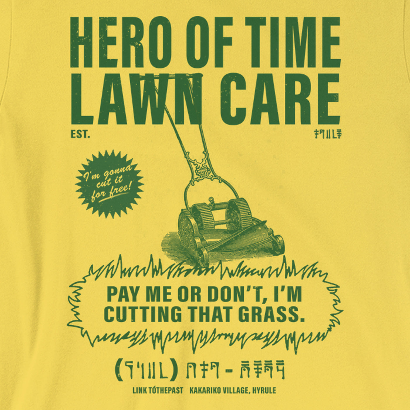Hero of Time Lawn Care Service Parody T-Shirt Art