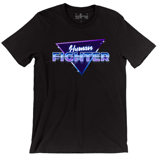 Human Fighter Retrowave Synthwave Black Unisex D&D ttrpg T-shirt