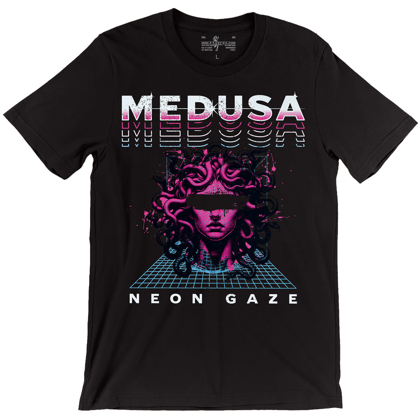 Medusa Neon Gaze Synthwave Retrowave Mythology Black Unisex T-Shirt by tsaurus.com