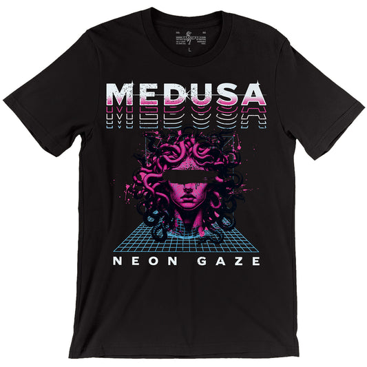 Medusa Neon Gaze Synthwave Retrowave Mythology Black Unisex T-Shirt by tsaurus.com