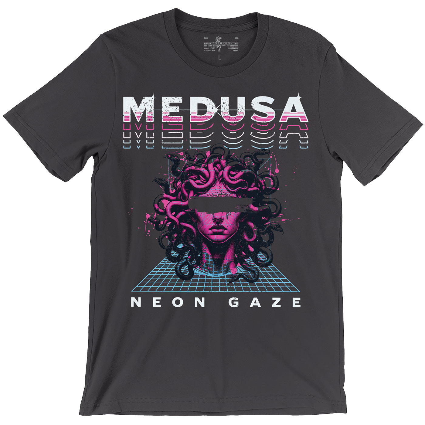 Medusa Neon Gaze Synthwave Retrowave Mythology Gray Unisex T-Shirt by tsaurus.com