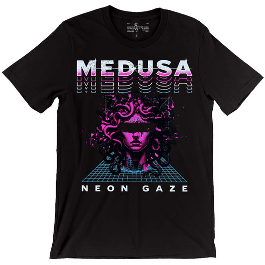 Medusa Neon Gaze Synthwave Retrowave Mythology Black Unisex T-Shirt by tsaurus.com