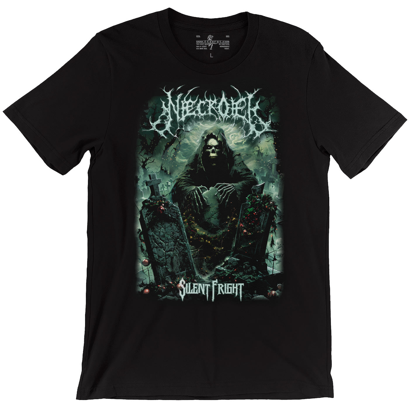 NecrOEL Silent Fright Death Metal Christmas Band Black Unisex T-Shirt Flat Lay