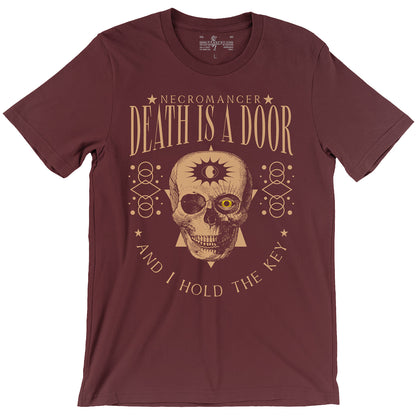 Necromancer Wizard Death is a door and I hold the key Maroon D&D T-shirt