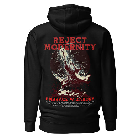 Black hoodie with red and white graphic design on the back, featuring text and a wizard-like figure.