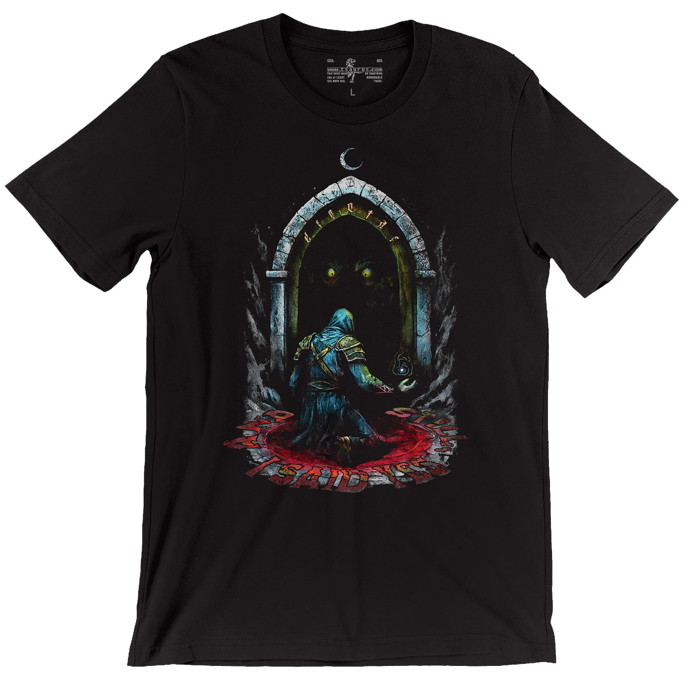 A warlock kneeling before a portal where two ominous glowing yellow eyes peer back at him