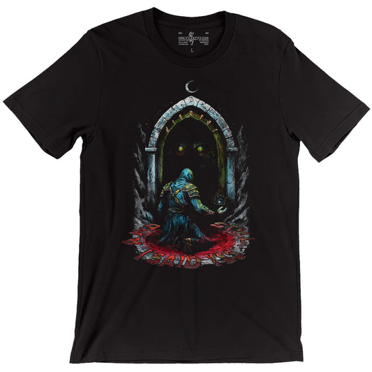 A warlock kneeling before a portal where two ominous glowing yellow eyes peer back at him